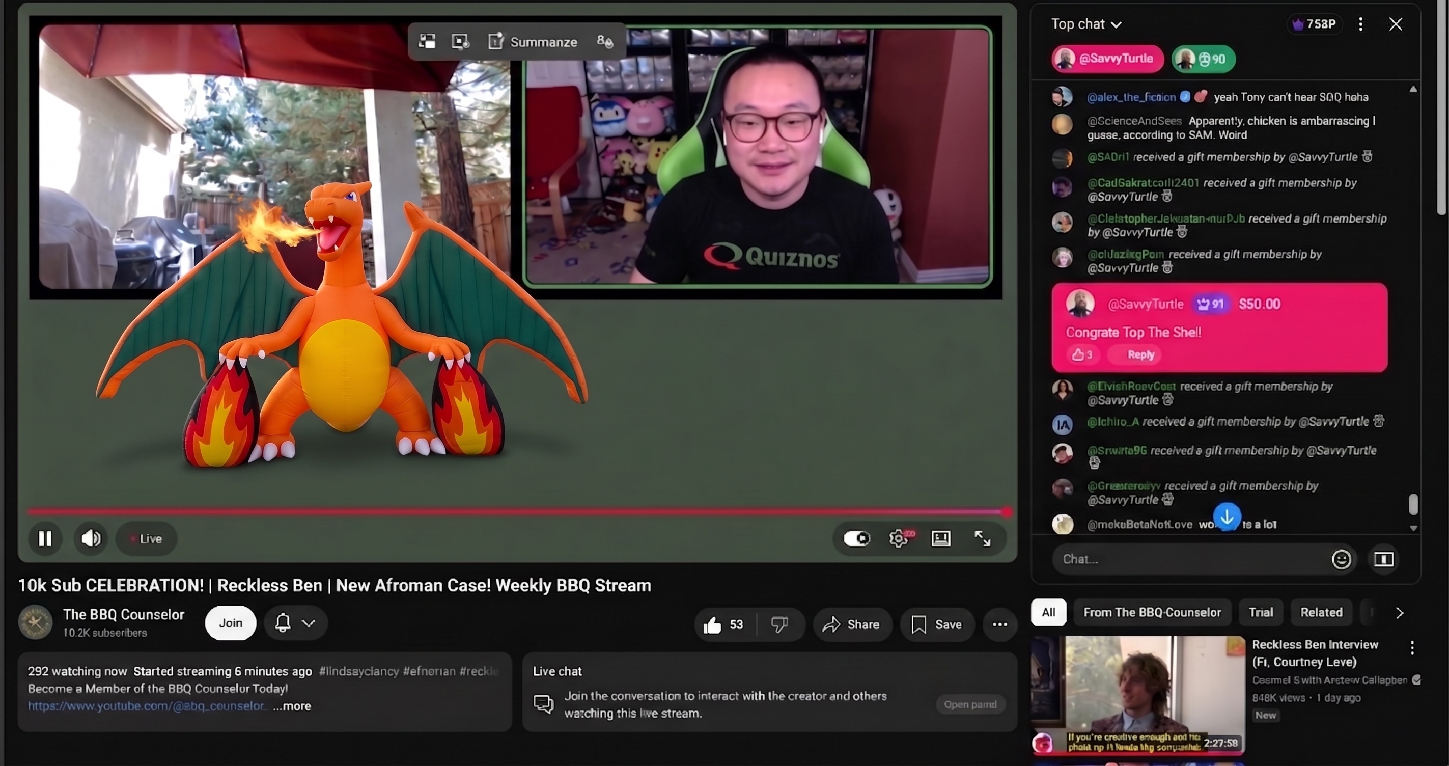 The BBQ Counselor 10k Sub Celebration live stream broadcast with Tony Guo and Charizard display