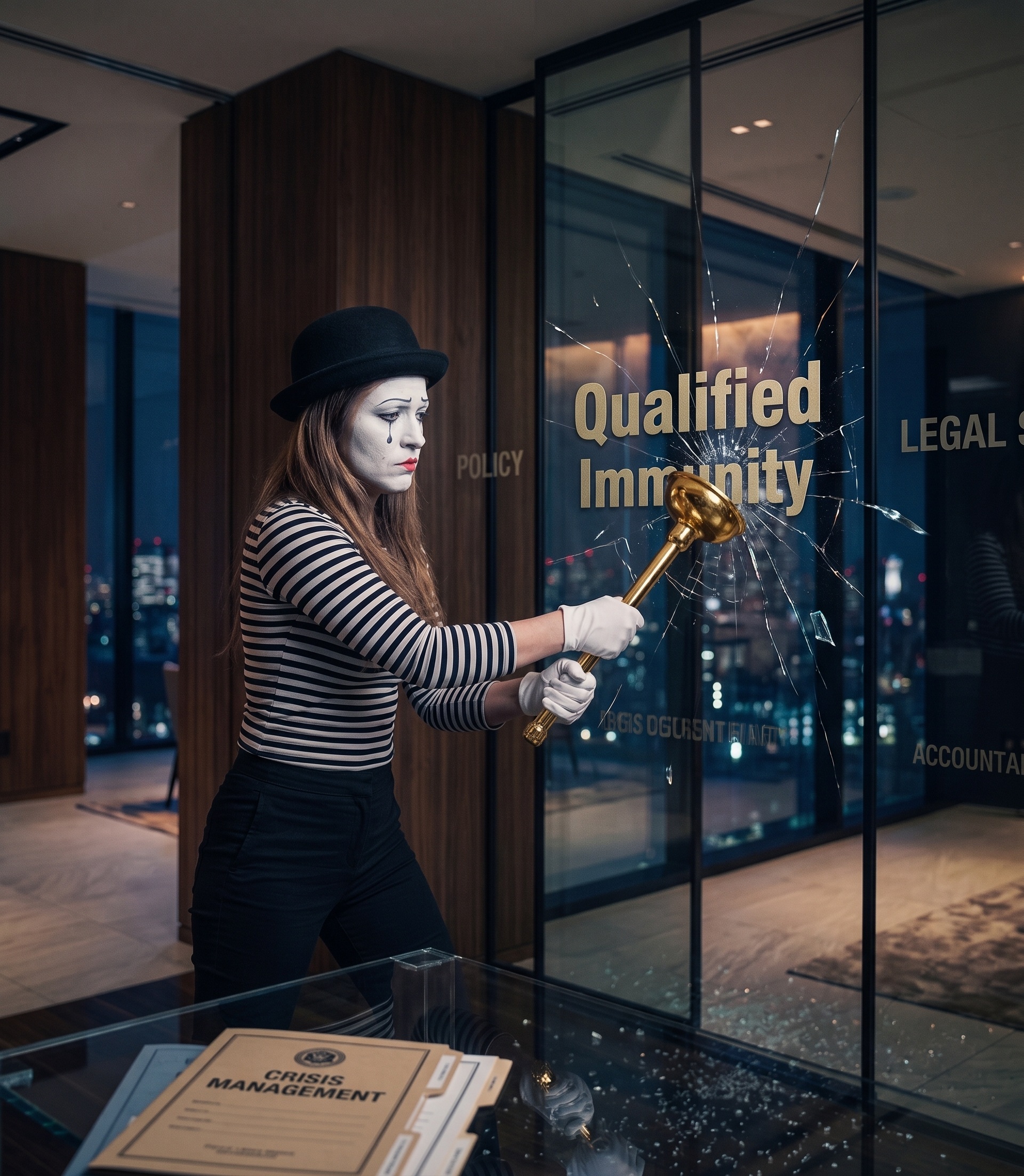 Sadima Bore utilizing a golden plunger to impact defensive legal glass barriers in the main firm corridor
